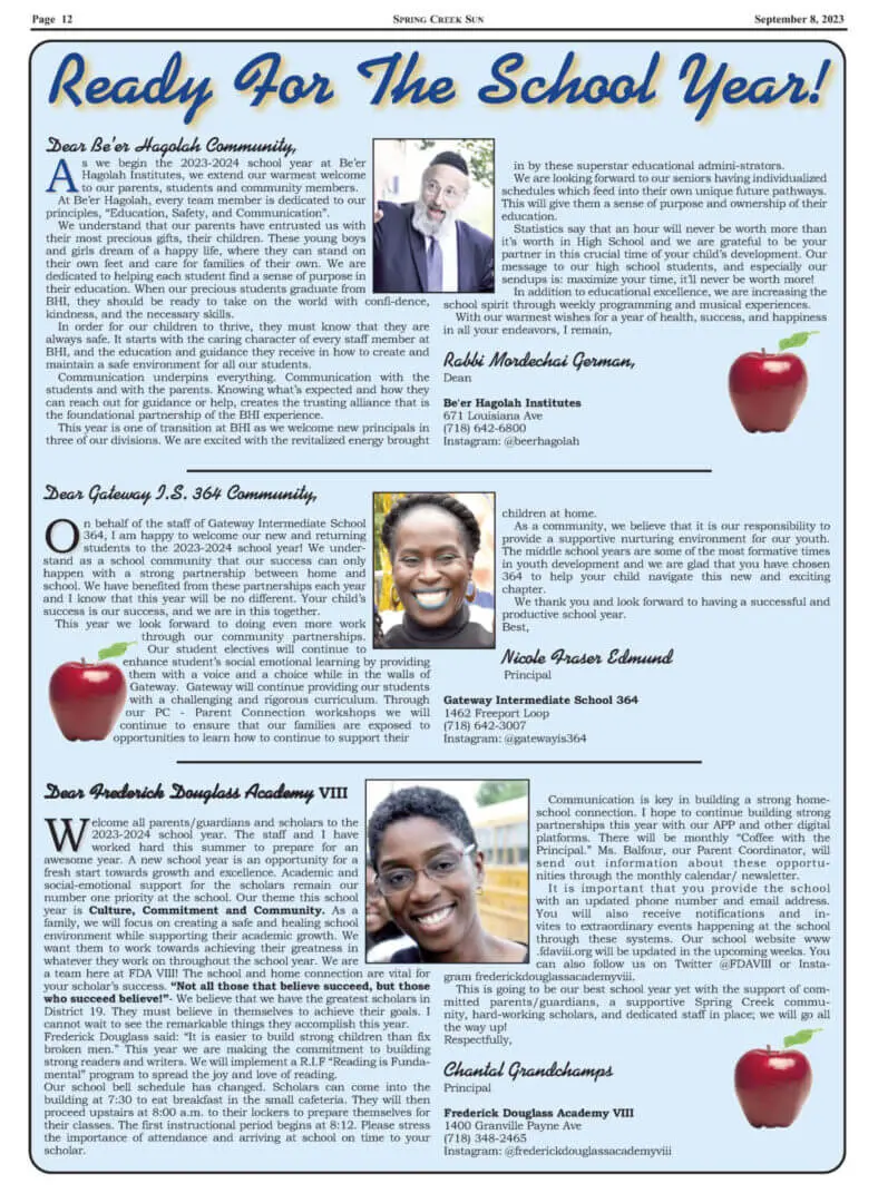 Page of a school newsletter featuring student achievements and red apple graphics.