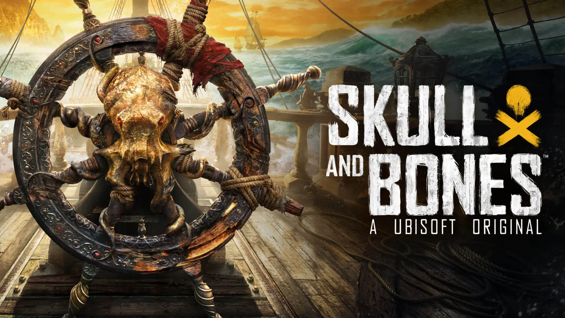 A pirate steering a ship with a skull figurehead at sunset.