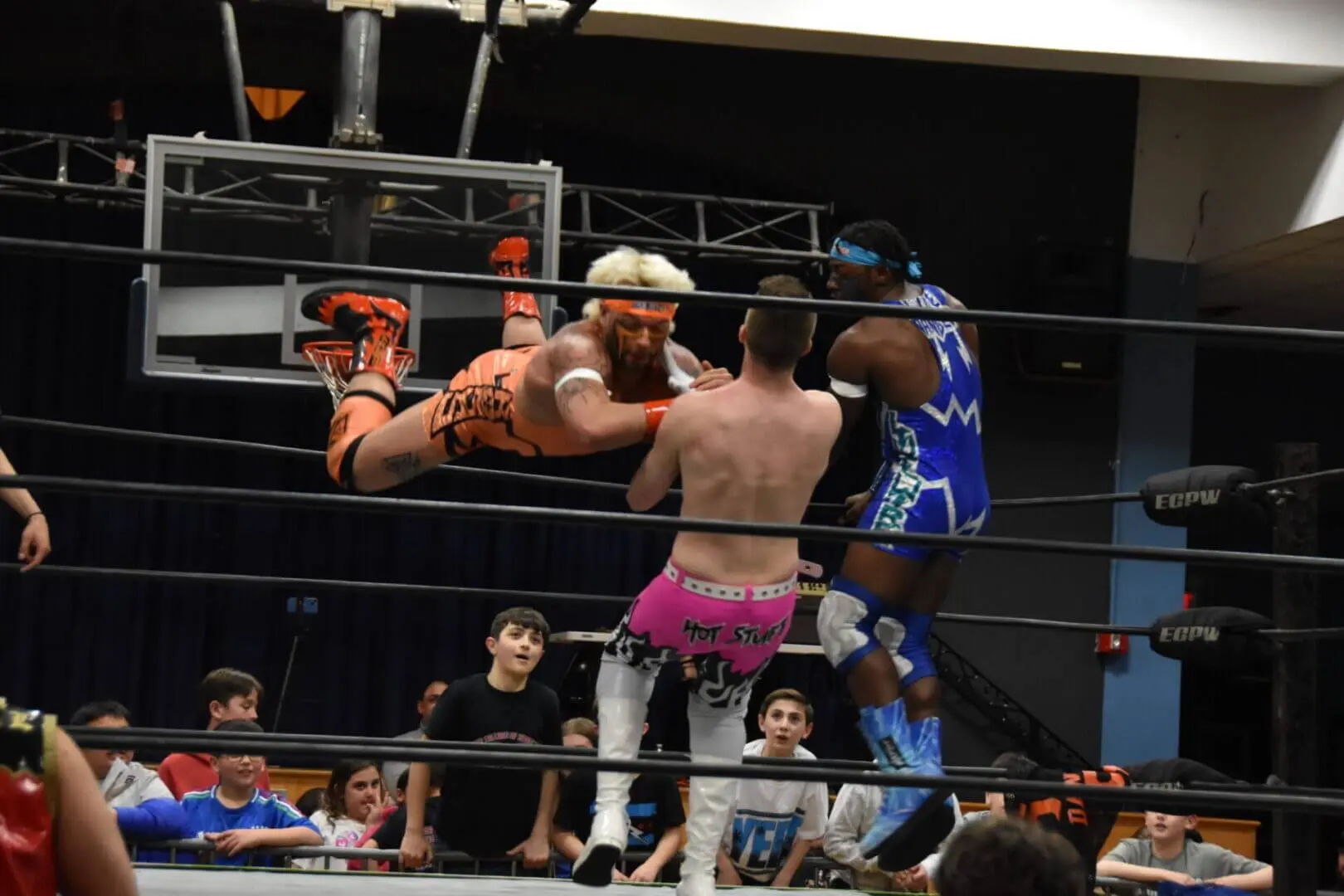 Two wrestlers compete intensely in a ring with spectators watching.
