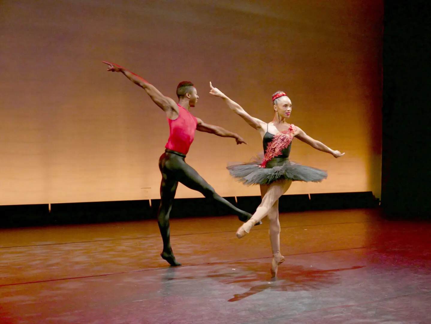 Two ballet dancers performing a graceful duet on stage.