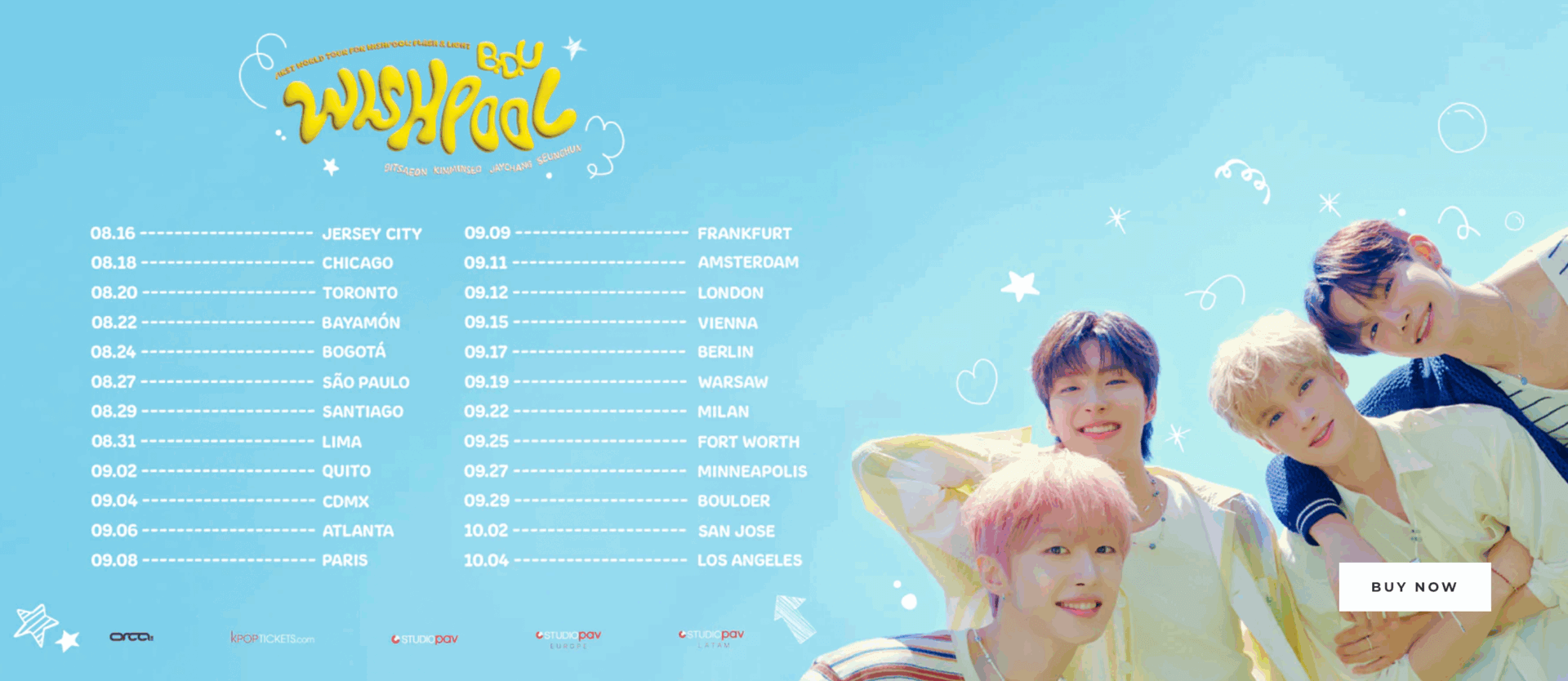 BTS 2023 tour dates and cities listed against a blue sky background.
