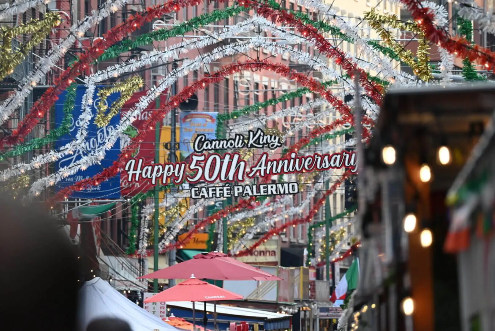 Festive street decorations celebrating 501 years of Catania, Sicily.