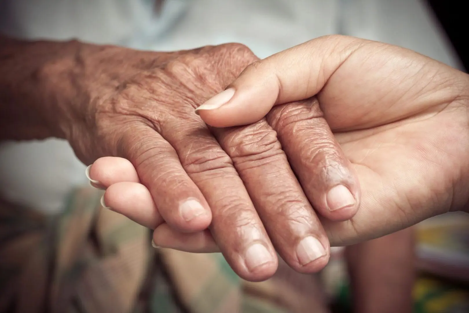 Two hands clasped, symbolizing care and support between generations.
