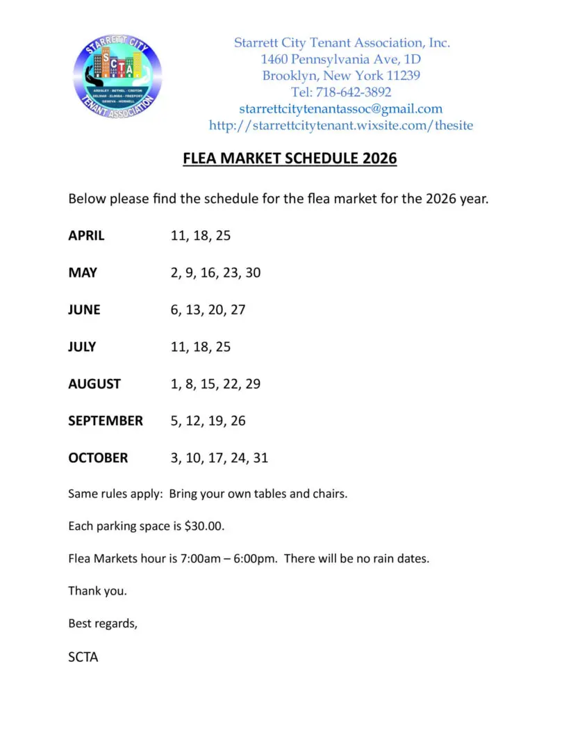 Flea market schedule 2026 with dates.