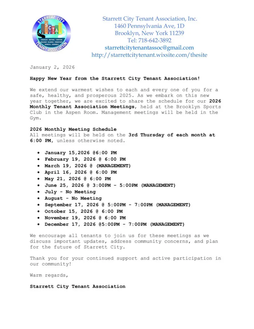 Starrett City Tenant Association meeting schedule notice.