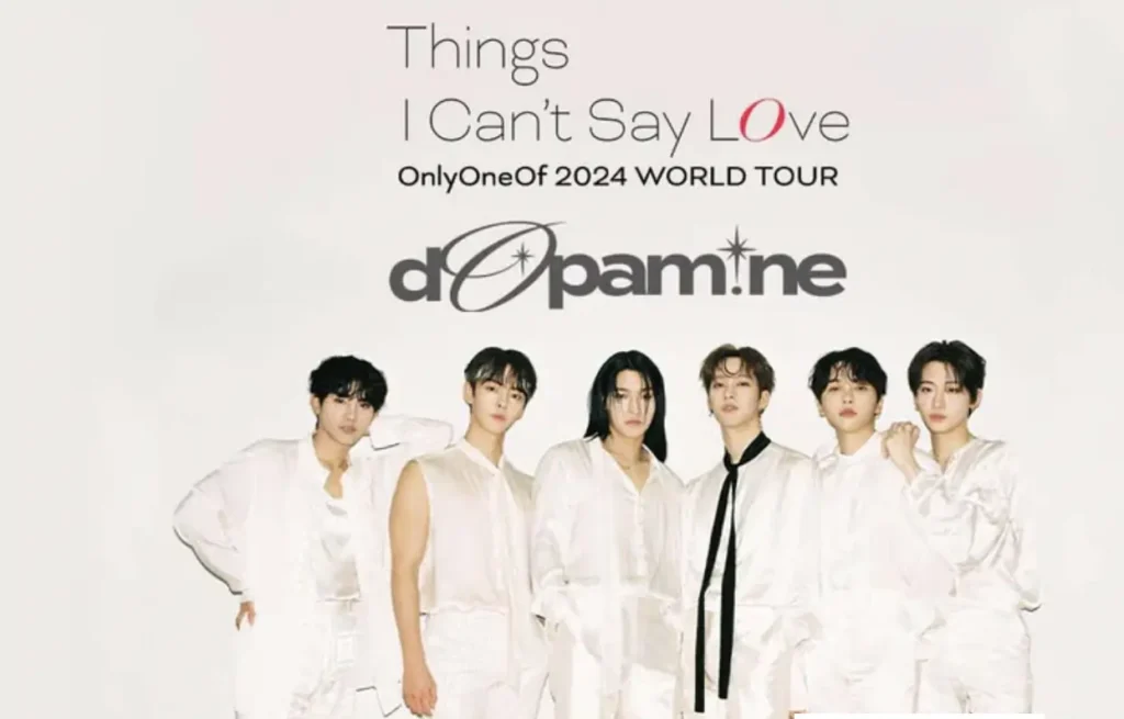 dpopamine band members in white outfits for 2024 world tour poster.